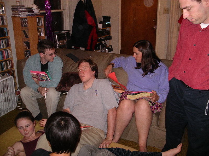 Rick Nadia Kragen Beatrice Joel getting ready to play Pictonary Telephone