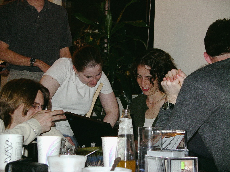 Sarah and Morgan study the computer - its now a Bab5 Party